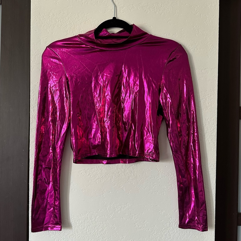 Pink Metallic Shiny Long Sleeve Mock Neck Shirt